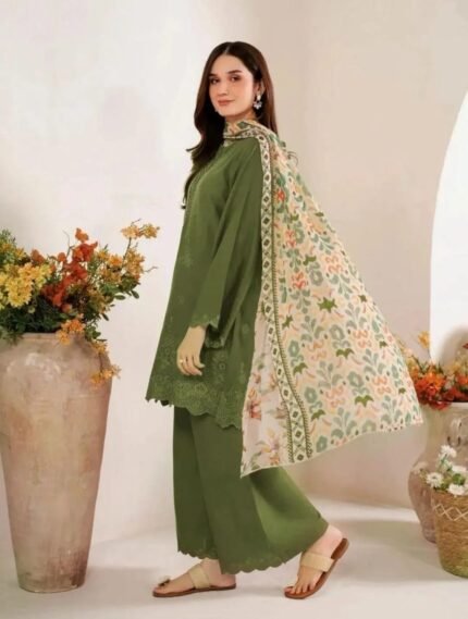 GREEN LAWN 3 PIECE WITH CHIKANKARI EMBROIDERED AND FLORAL DUPATTA